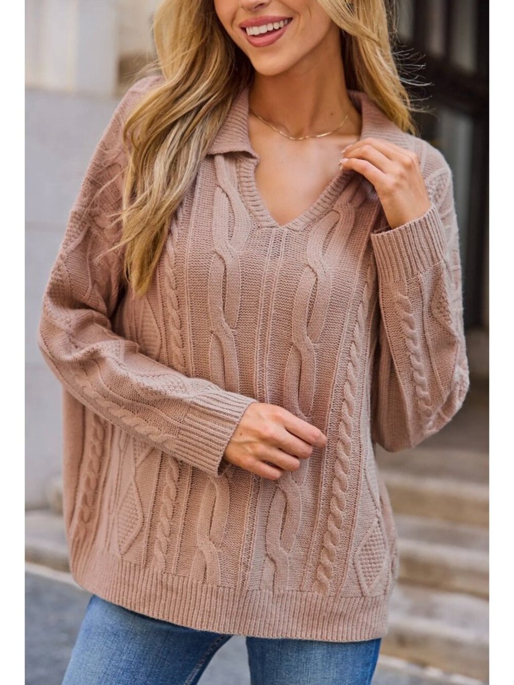 NWT Cupshe Rose Sand Collared Long Sleeve Cable Knit Jumper - Size: Extra Large - Picture 9 of 10